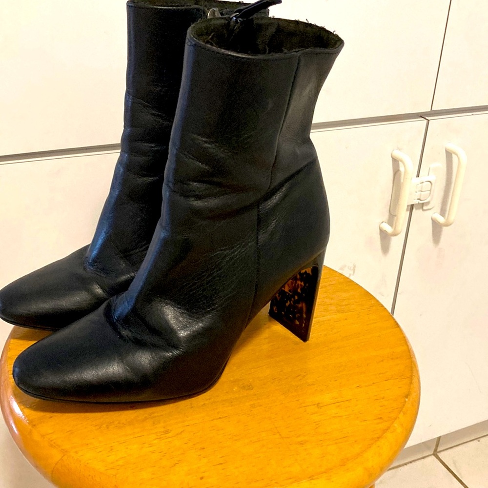 Topshop black leather boots with tortoise shell heels